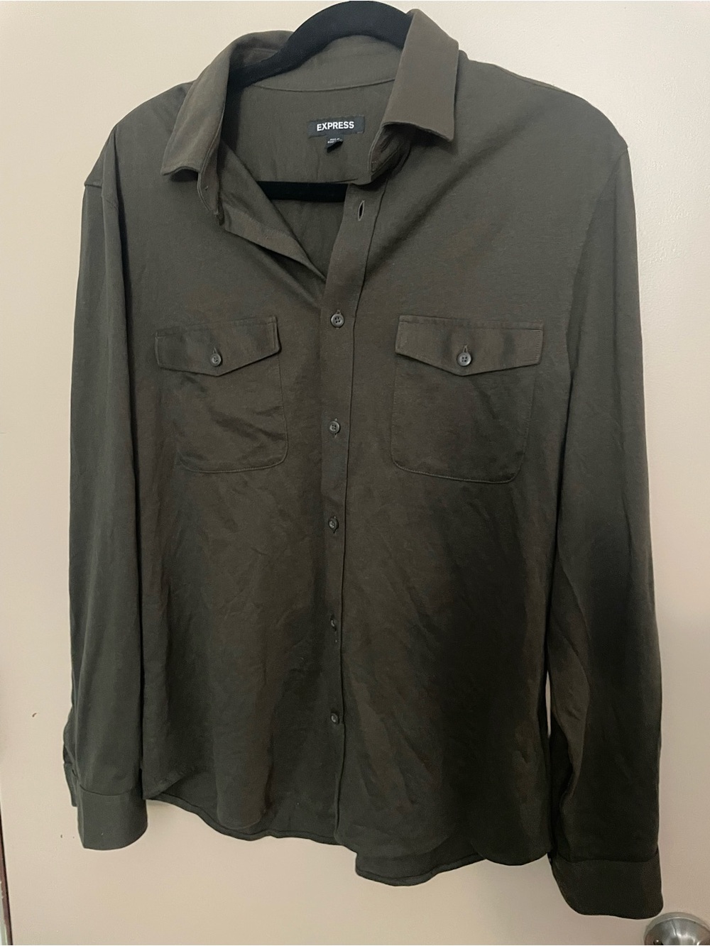 Express Men's Olive Green Casual Shirt with Logo Tag